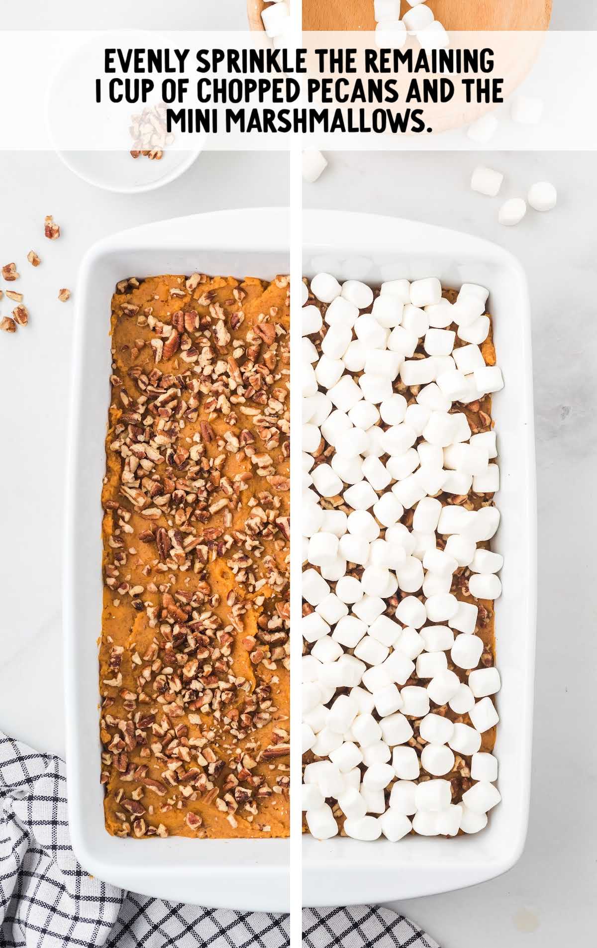marshmallows topped on to sweet potato mixture and then baked in a baking dish
