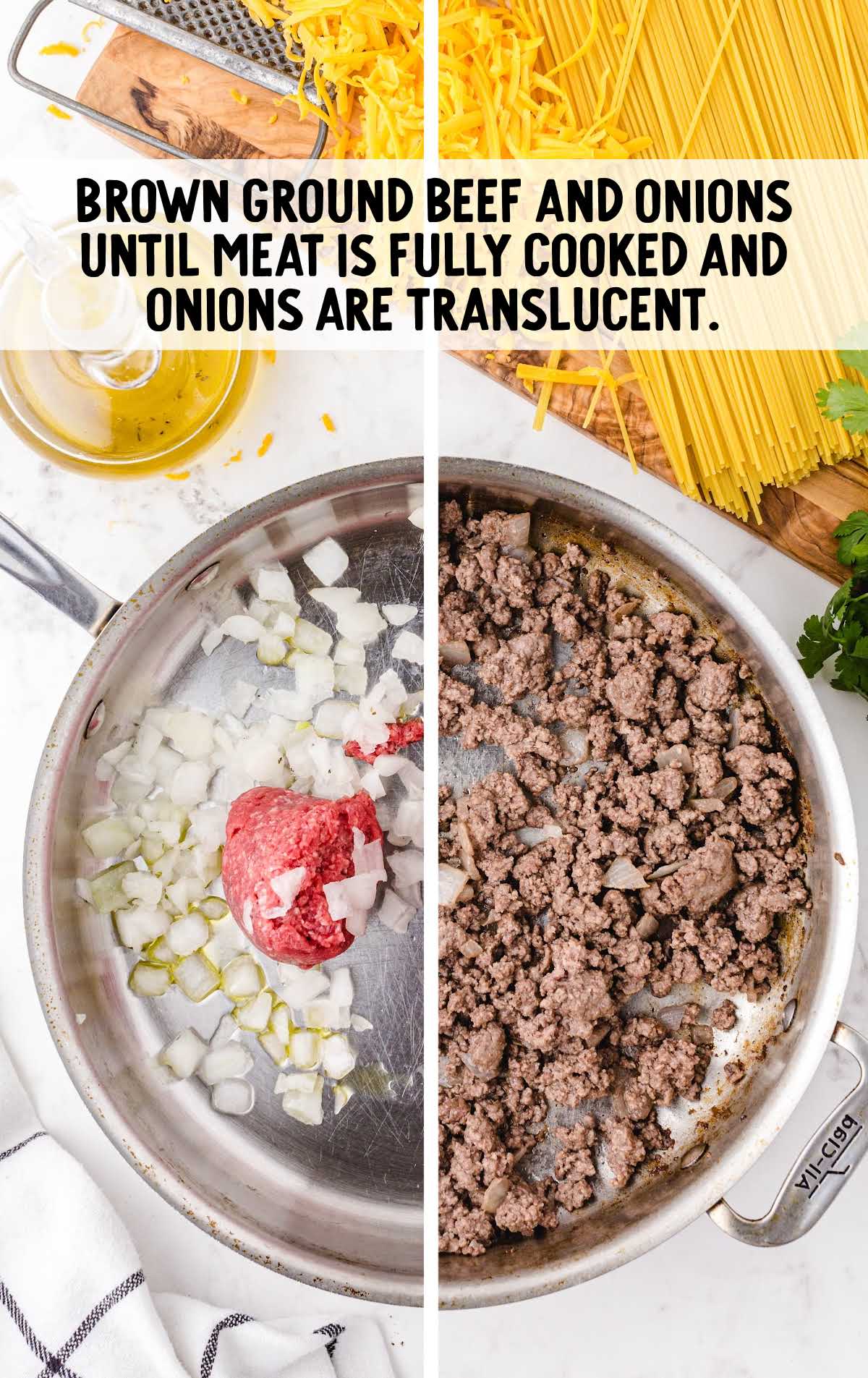 ground beef and onions being cooked in a skillet