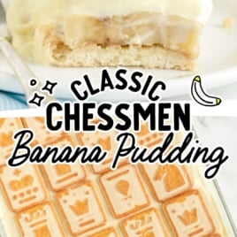 Pinterest image featuring a slice of chessmen banana pudding and a full pan, with text overlay reading “Classic Chessmen Banana Pudding.”