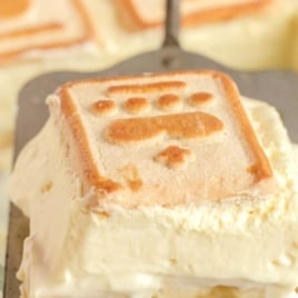 Graphic pin showing a close-up of chessmen banana pudding with text overlay that says “The Best Chessmen Banana Pudding – Classic Recipe!”