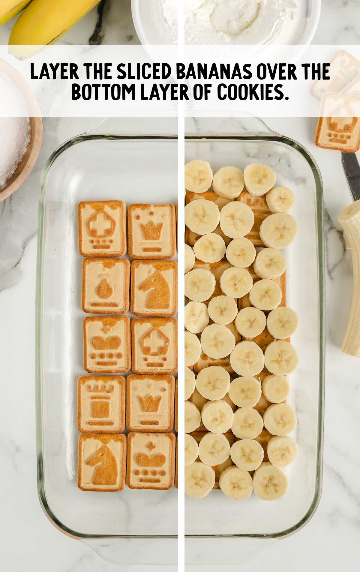 Split image showing the bottom of a baking dish lined with chessmen cookies and another side topped with sliced bananas.