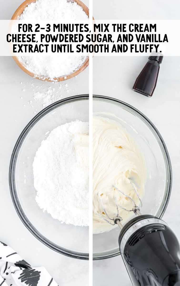 cream cheese, powdered sugar and vanilla extract blended in a bowl