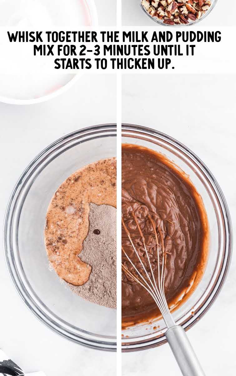 cold milk and instant chocolate pudding whisked together in a bowl