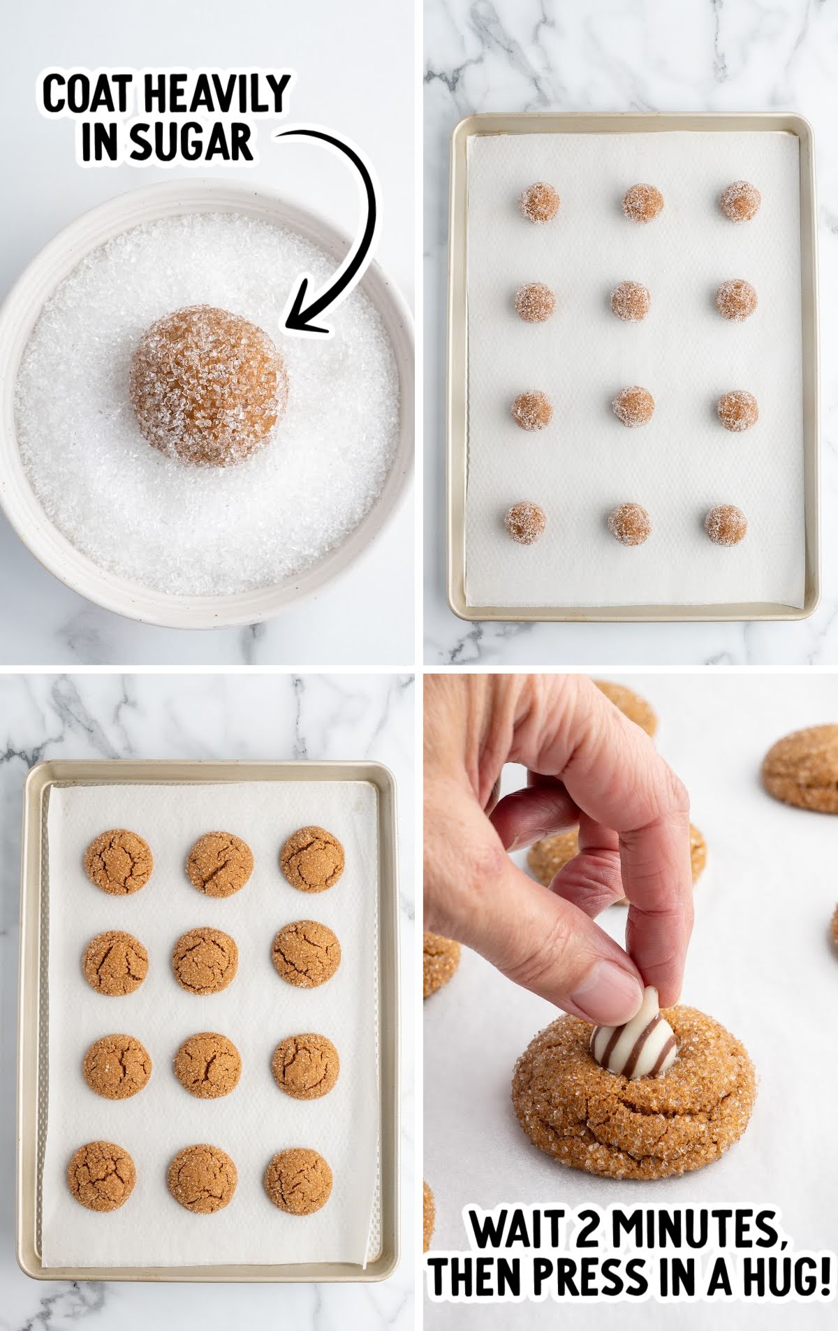 Step-by-step images showing sugar-coating dough balls, baking, and adding Hershey’s Hugs to warm cookies.