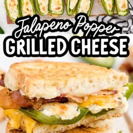 close up overhead shot of a jalapeño popper grilled cheese sandwich and close up shot of jalapeño popper grilled cheese cut in half