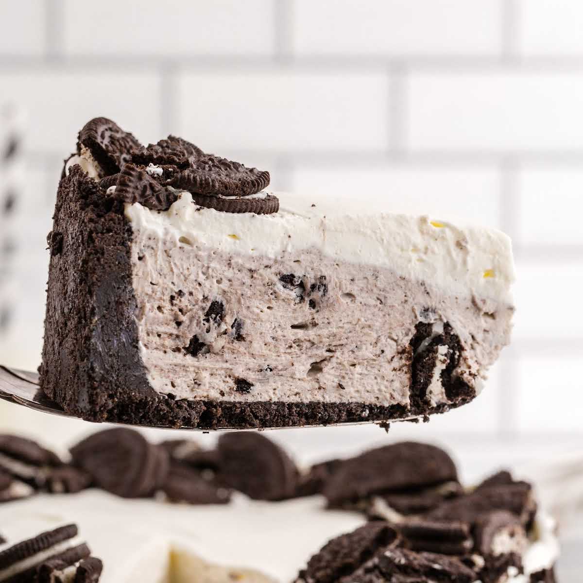 a slice of oreo cheesecake