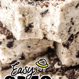 a close up shot of a Oreo Fudge with a bite taken out of it