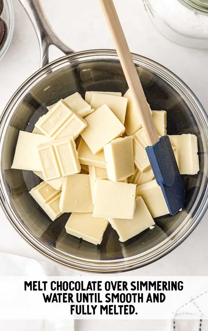 oreo fudge process shot of white chocolate in a pot