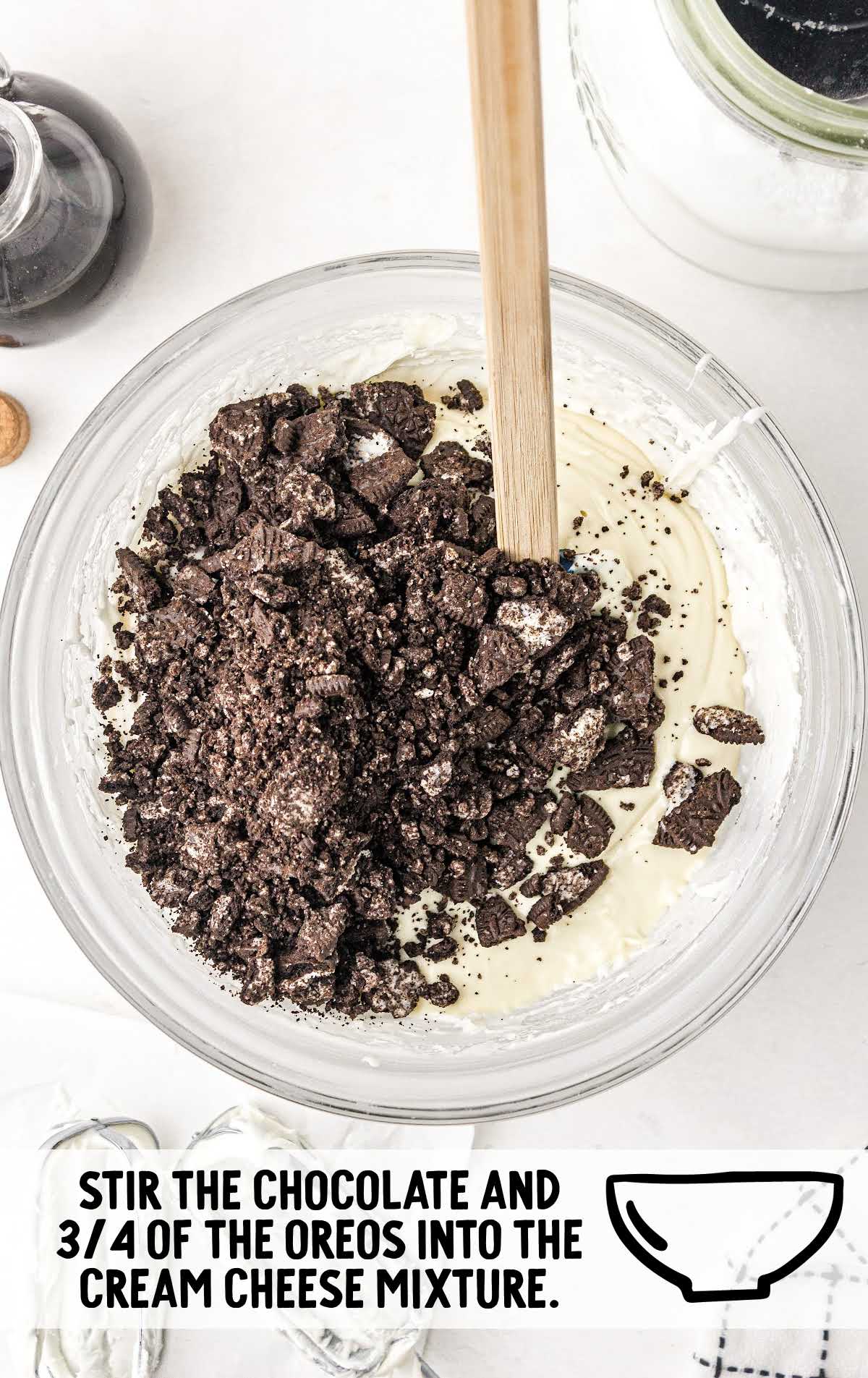 chocolate and oreos stirred into the cream cheese mixture