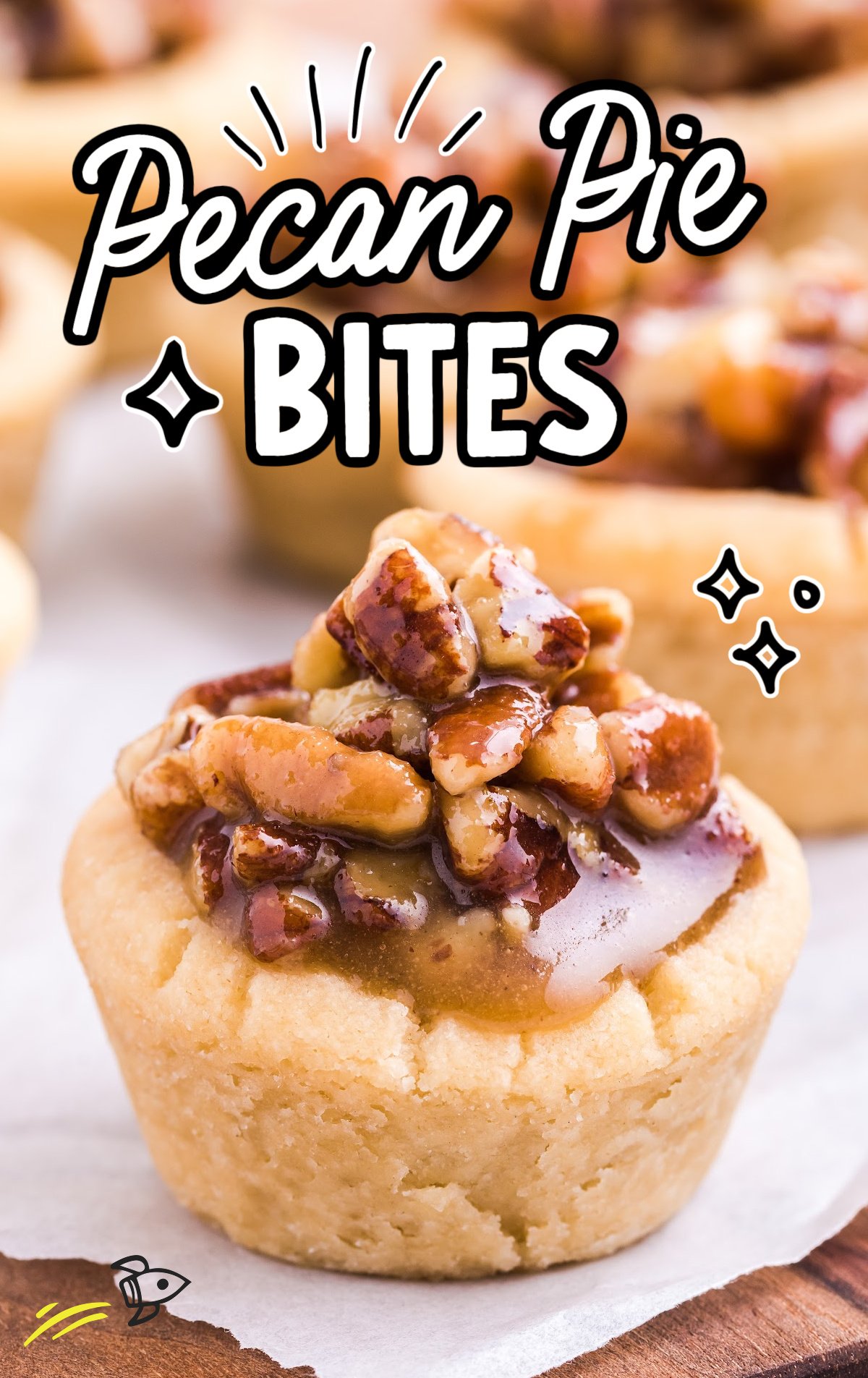 A pecan pie bite on a serving board