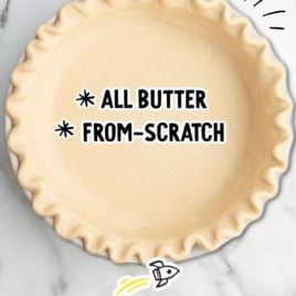 Unbaked homemade pie crust with fluted edges, text overlay how to make homemade pie crust with ingredients list