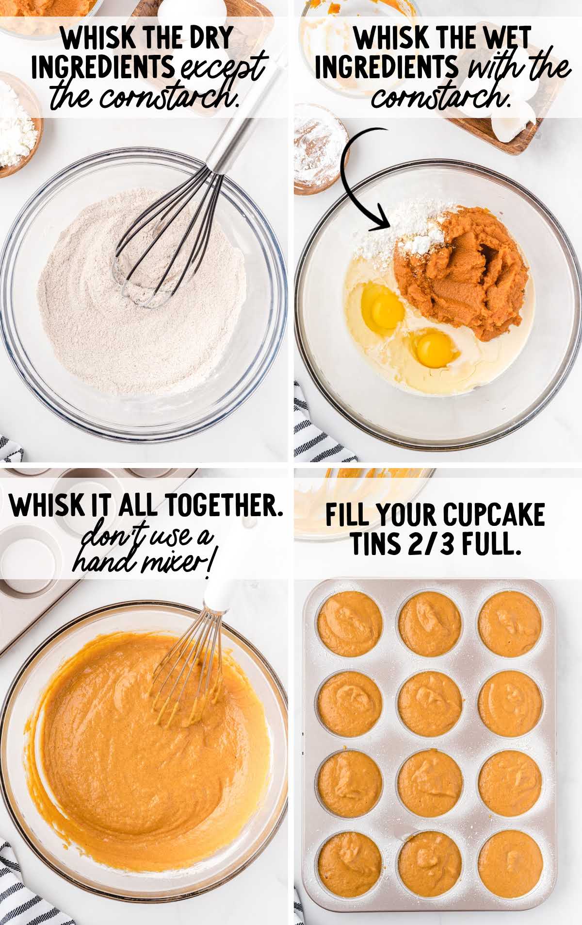 Step-by-step collage showing mixing dry ingredients, whisking wet ingredients with cornstarch, combining, and filling cupcake tins with pumpkin mixture.