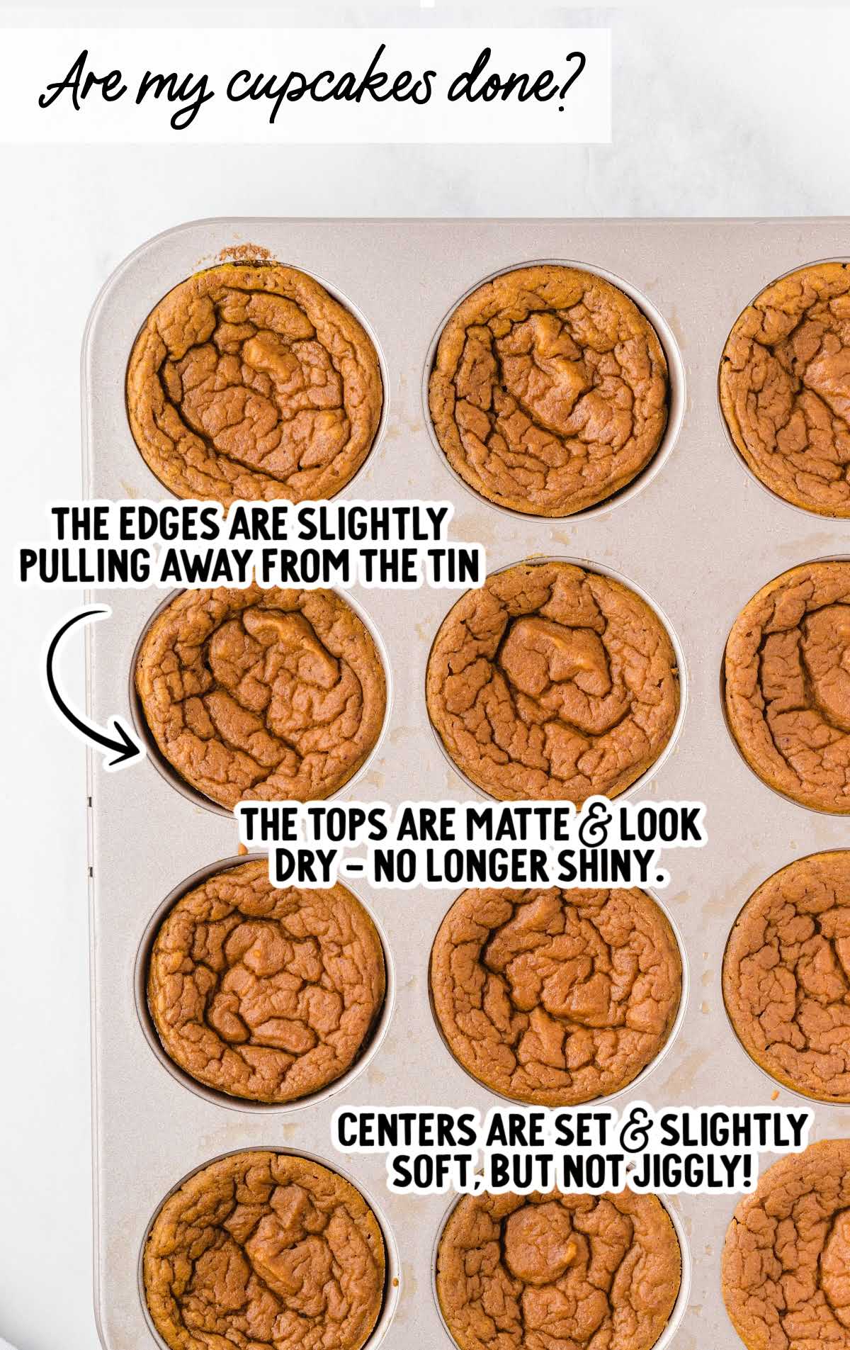 Baked pumpkin pie cupcakes in muffin tin showing doneness with matte tops, edges pulling away slightly, and centers set but soft.