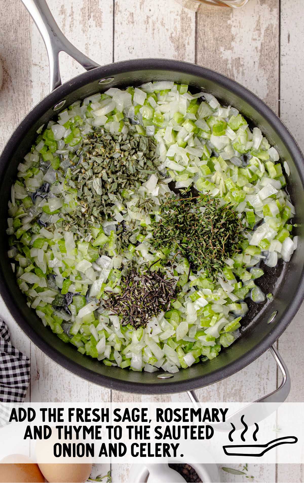 sage, rosemary, thyme, onion, and celery in a skillet