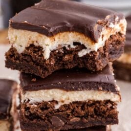 close up shot of Baileys Brownies stacked on top of each other