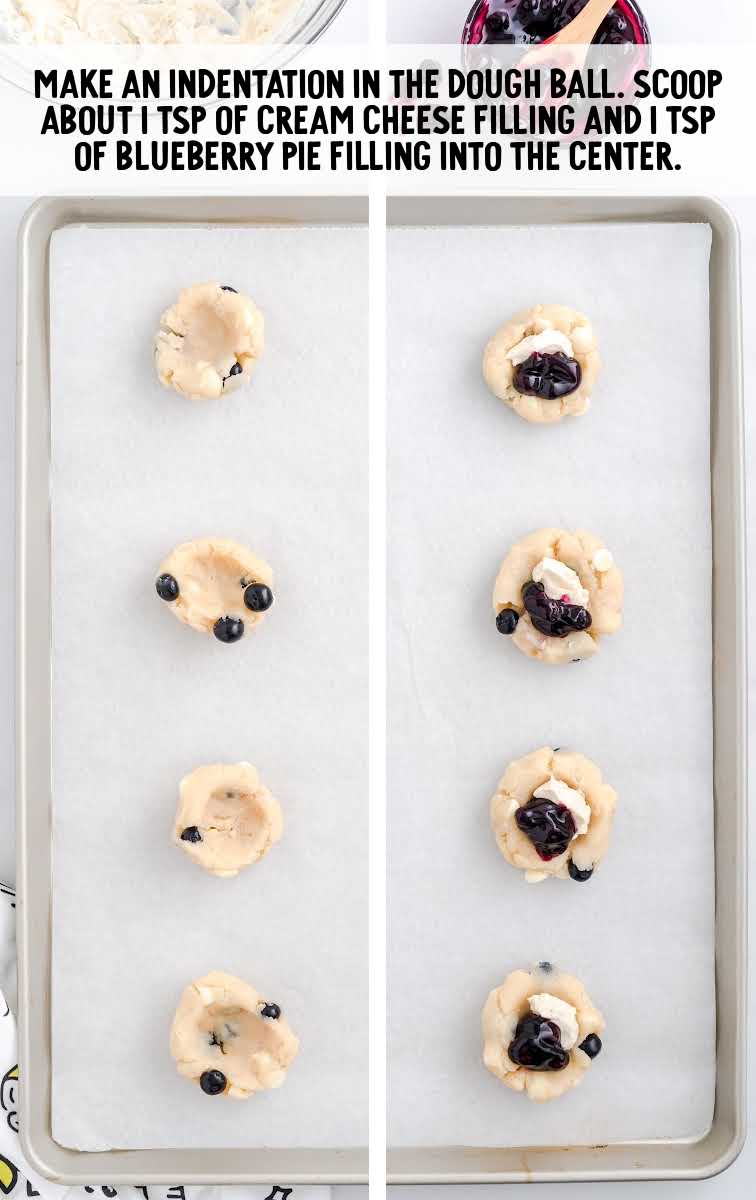 Blueberry Cookies process shot of cream cheese filing and blueberry pie filling added to the dough