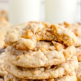 close up shot of Butterscotch Toffee Cookies stacked on top of each other