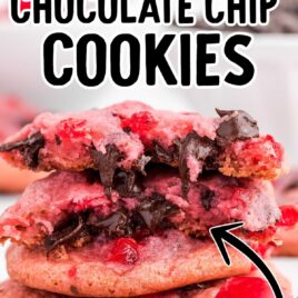 close up shot of Cherry Chocolate Chip Cookies stacked on top of each other with a bunch of cherries