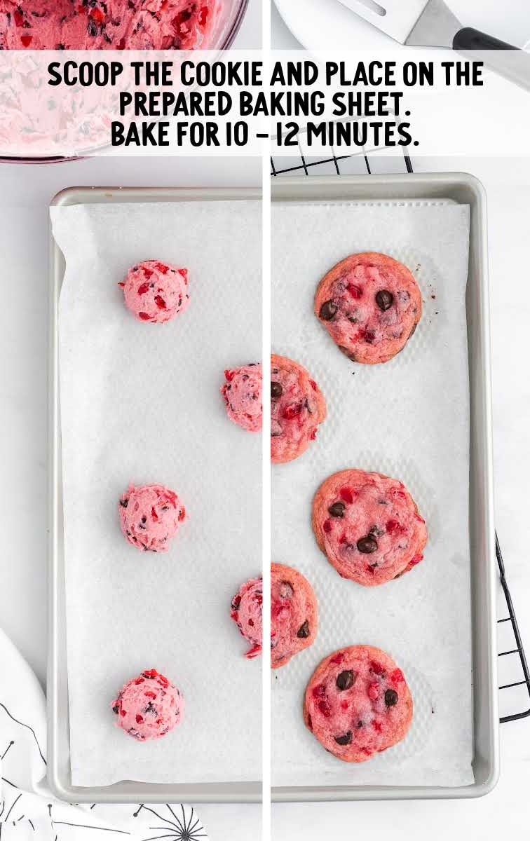 Cherry Chocolate Chip Cookies process shot of balls of cookie dough placed onto a baking sheet then baked