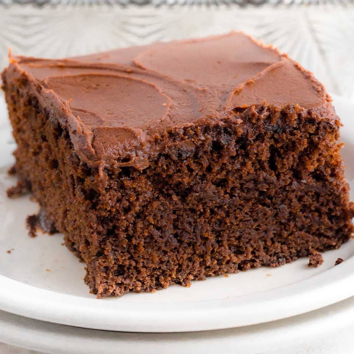 close up shot of a slice of chocolate cake recipe on a plate