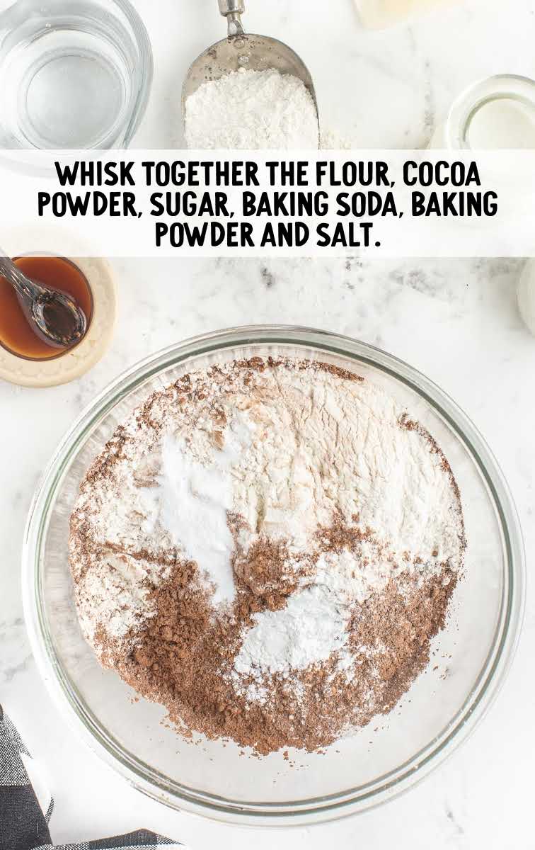 flour, cocoa powder, sugar, baking soda, baking powder, and salt combined together