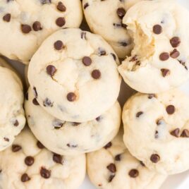 close up overhead shot of a bunch of Chocolate Chip Cheesecake Cookies