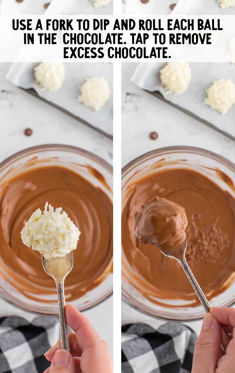 coconut mixture balls dipped into a bowl of melted chocolate