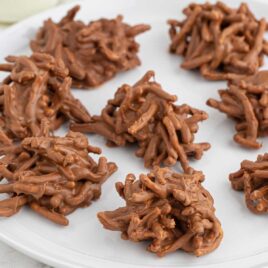 close up shot of a plate of Chocolate Haystacks