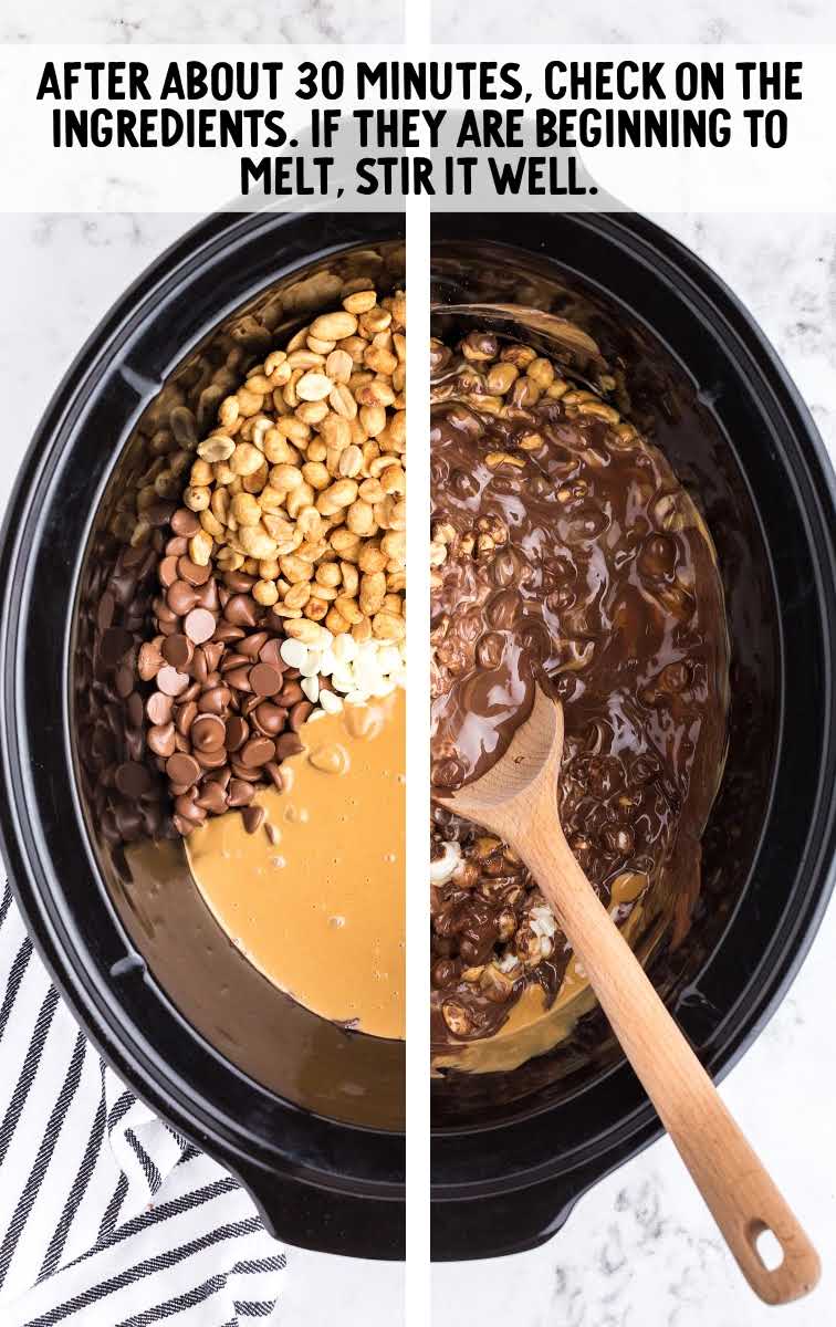 Chocolate Peanut Clusters process shot of ingredients blended together in a crockpot