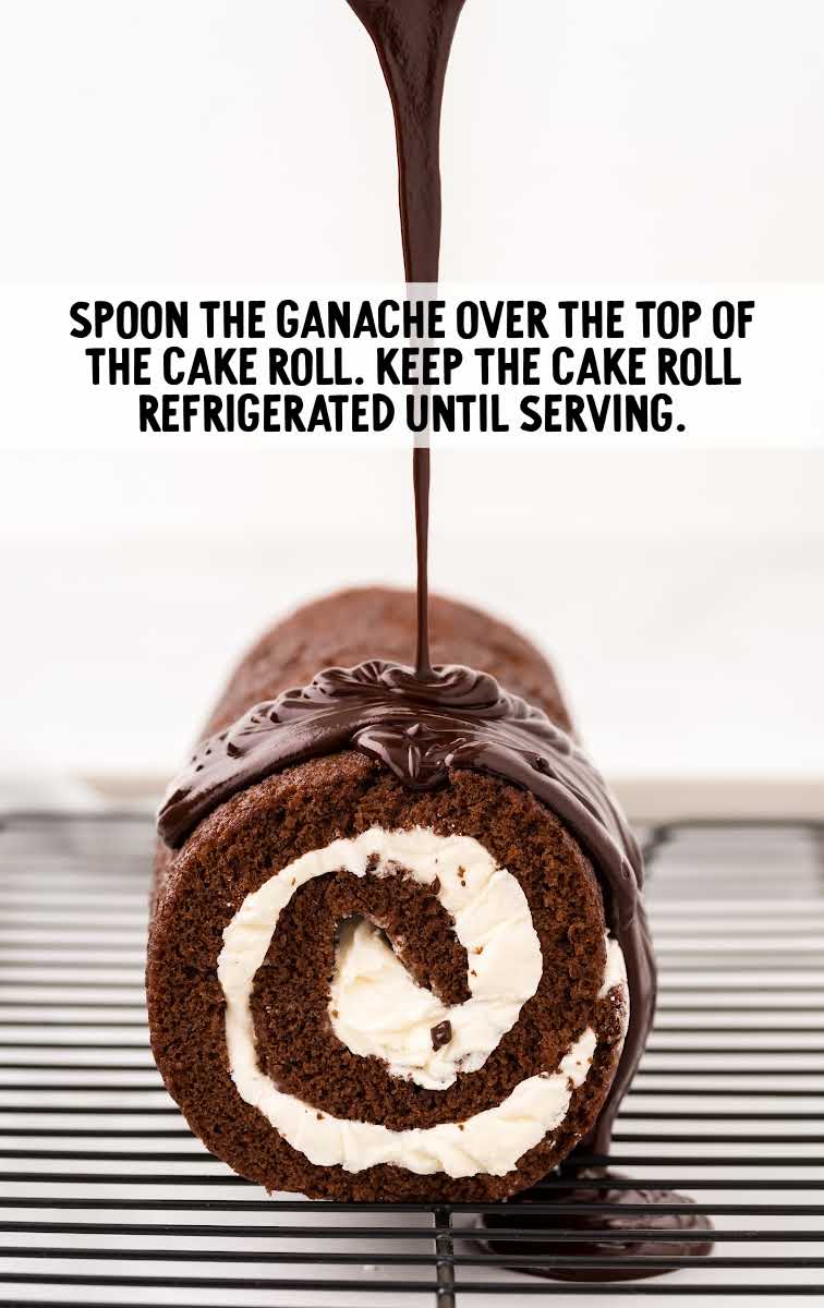 ganache spooned over the top of the cake roll