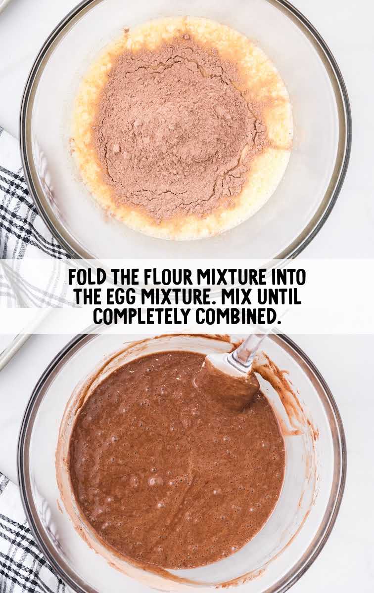 flour mixture combined  with the egg mixture in a bowl 