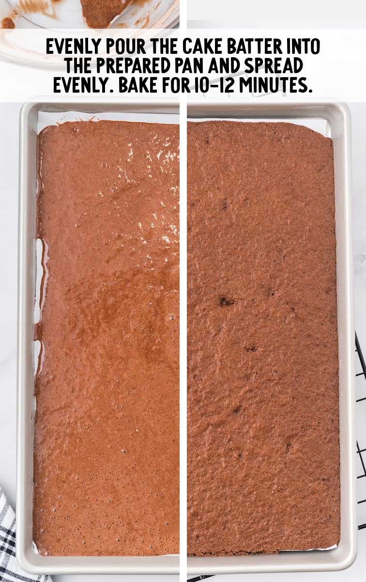 Chocolate Swiss Roll process shot of cake batter placed on a sheet pan and baked