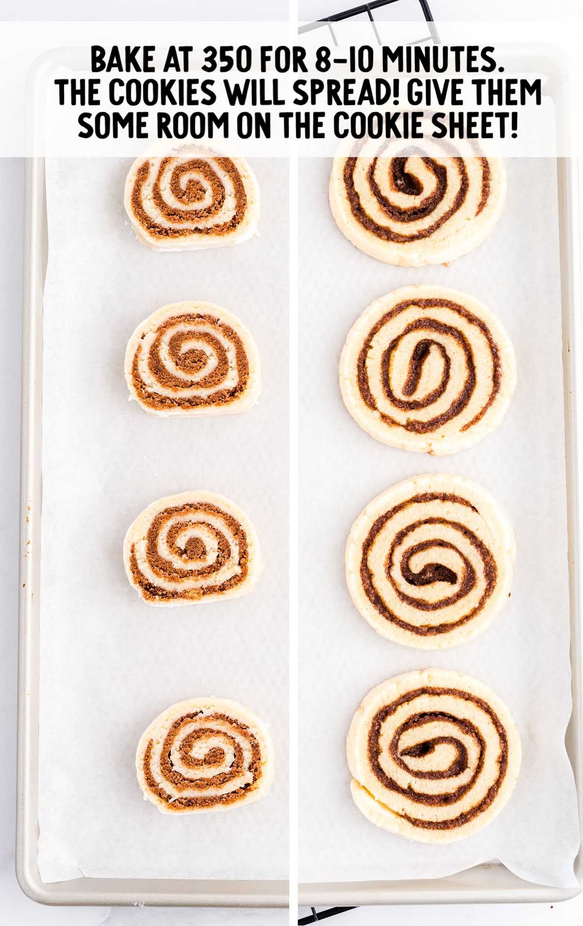 Cinnamon Roll Cookies process shot of cookies before and after being baked on a cookie sheet