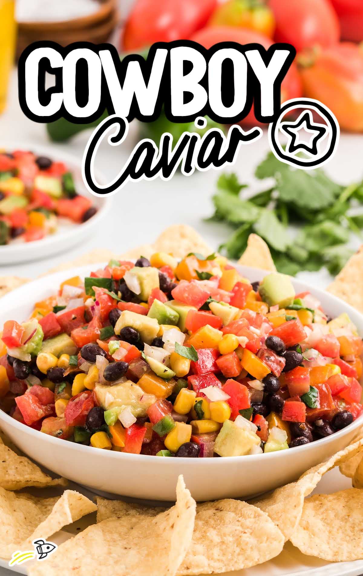 a bowl of Cowboy Caviar with tortilla chips