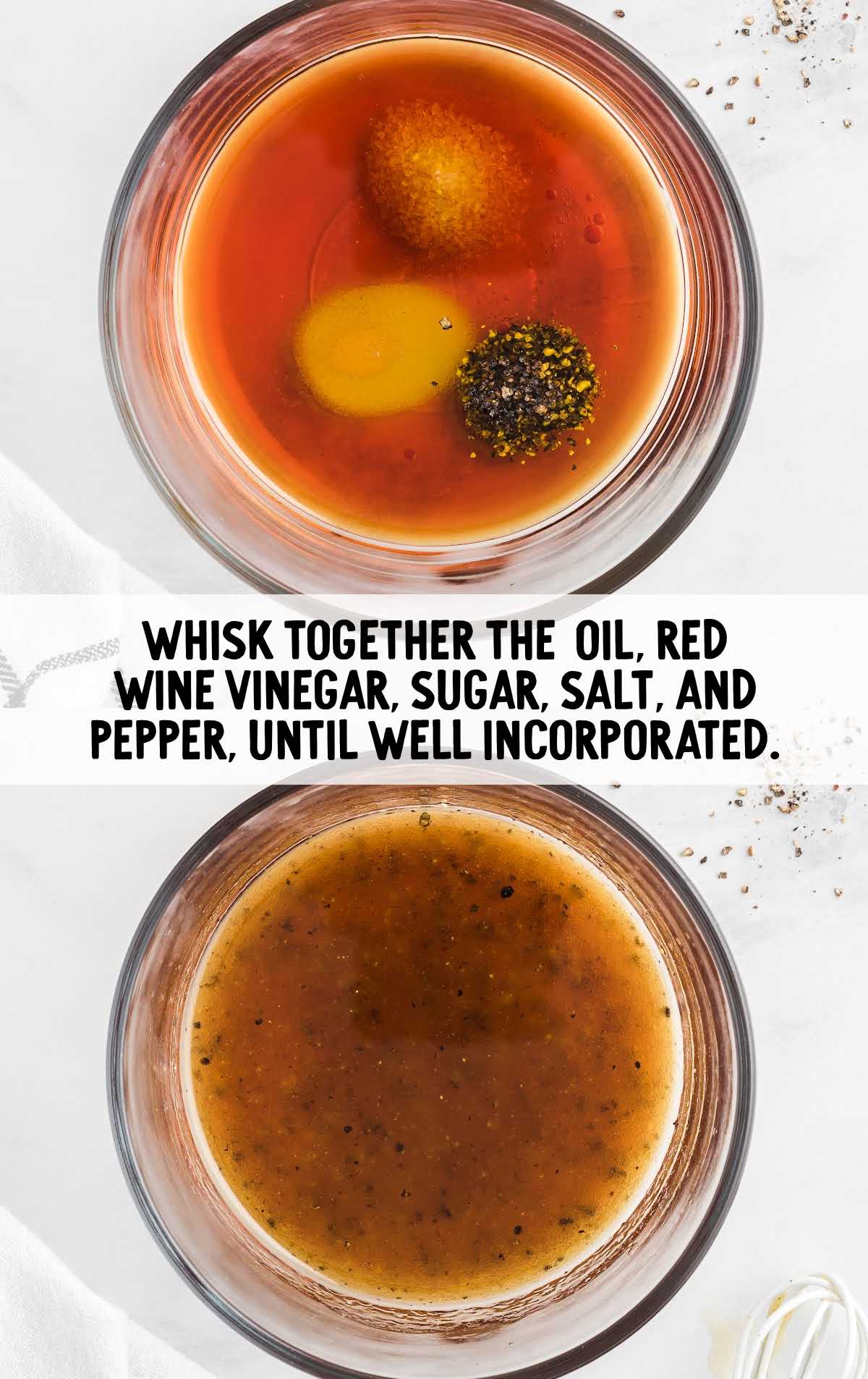 extra virgin olive oil, red wine vinegar, sugar, kosher salt, and fresh cracked pepper combined in a bowl