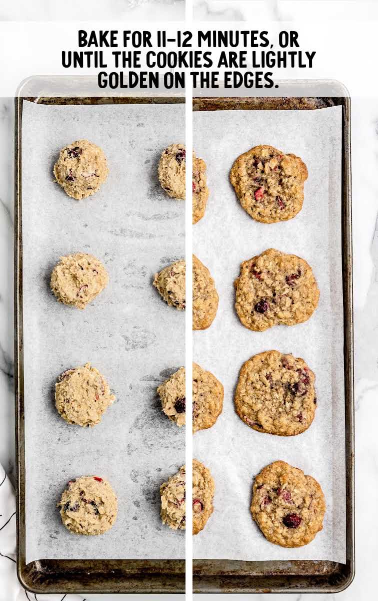 Cranberry Pecan Oatmeal Cookies process shot of before and after cookies are baked on a baking sheet