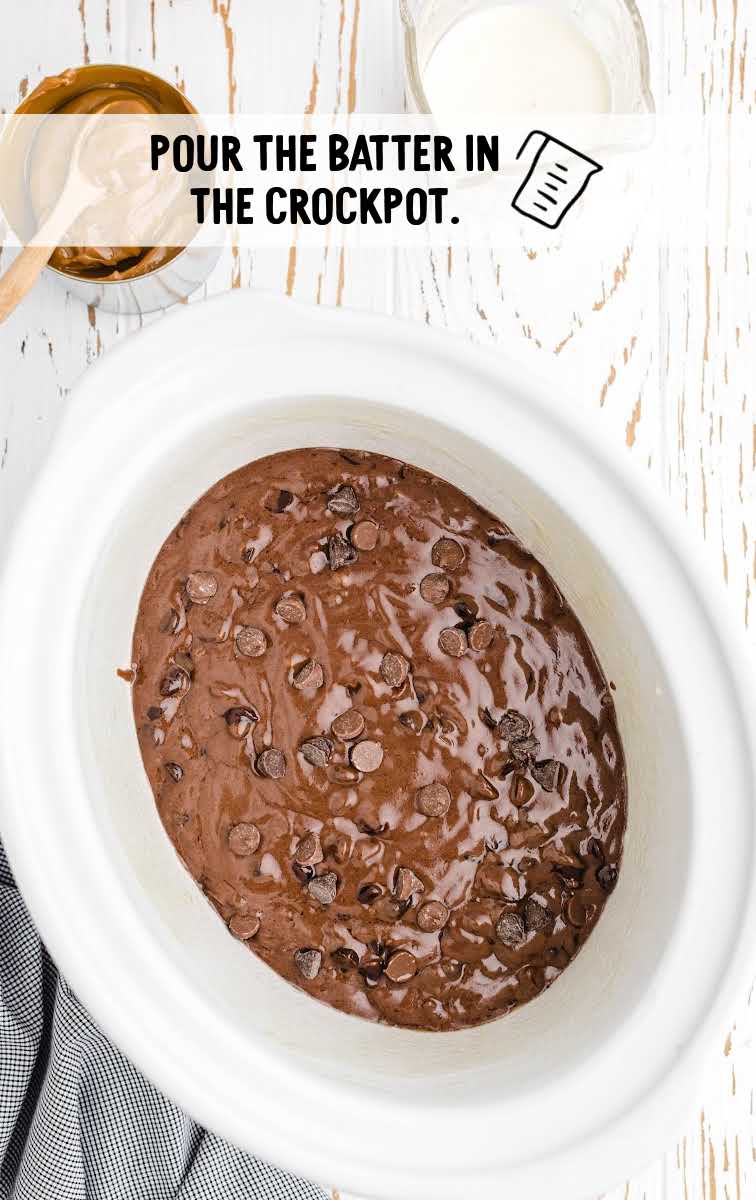 Crockpot Chocolate Caramel Cake process shot of batter poured into a crockpot