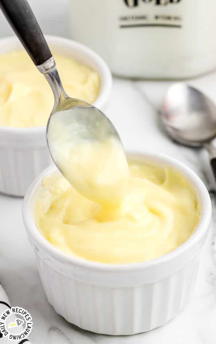 close up shot of a bowl of Custard with a spoon