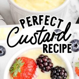 close up shot of a bowl of Custard with a spoon and close up shot of a bowl of Custard with fruits