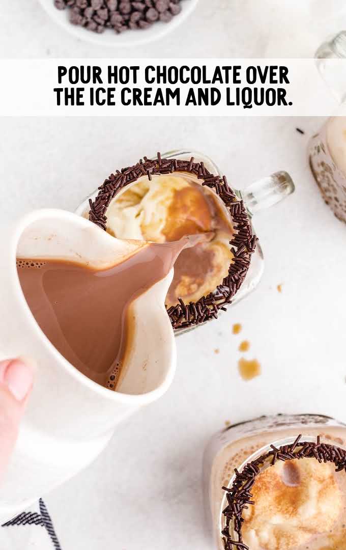 Dirty Snowmen process shot of hot chocolate added to a mason jar of ice cream and liquor