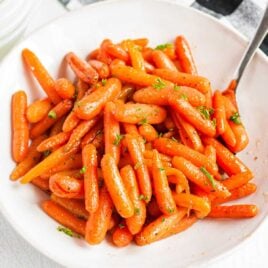 overhead shot of Glazed Carrots in a bowl