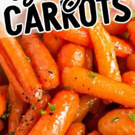 close up overhead shot of a bowl of Glazed Carrots garnished with parsley