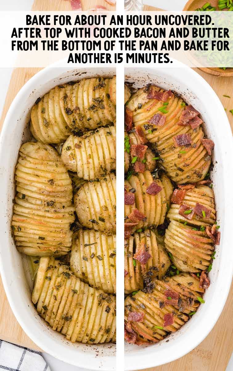 Hasselback Potato Casserole process shot of potatoes baked and topped with bacon bits and green onions