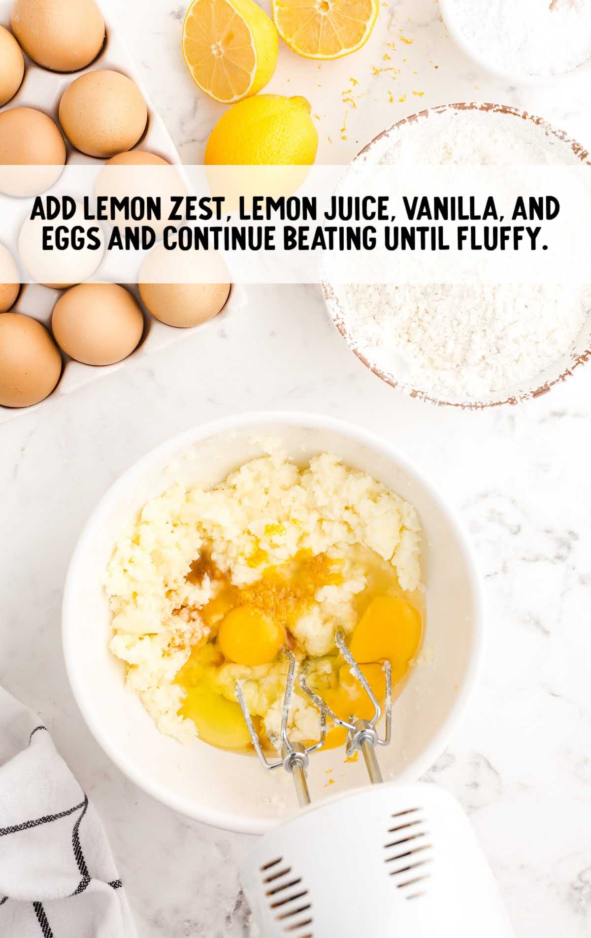 lemon zest, lemon juice, vanilla, and eggs blended together