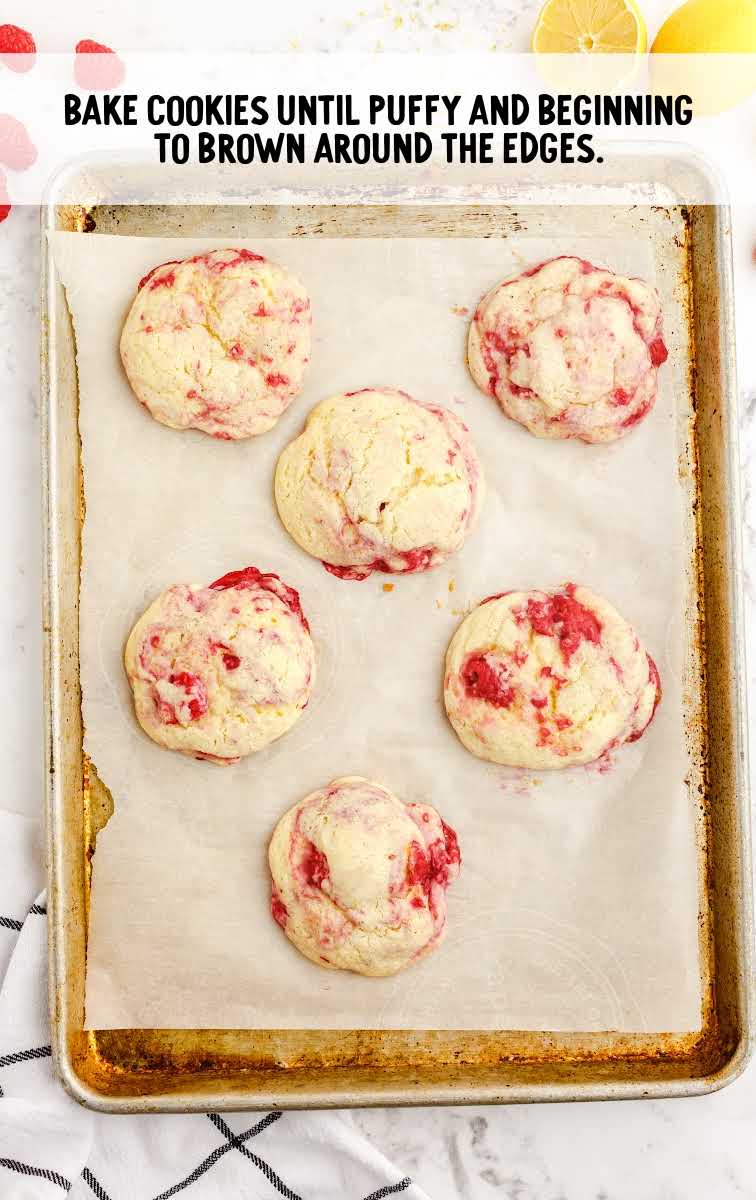 Lemon Raspberry Cookies process shot of cookies baked on a sheet pan