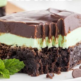 close up shot of a slice of Mint Chocolate Brownies with a mint leaf and chocolate chips on a plate