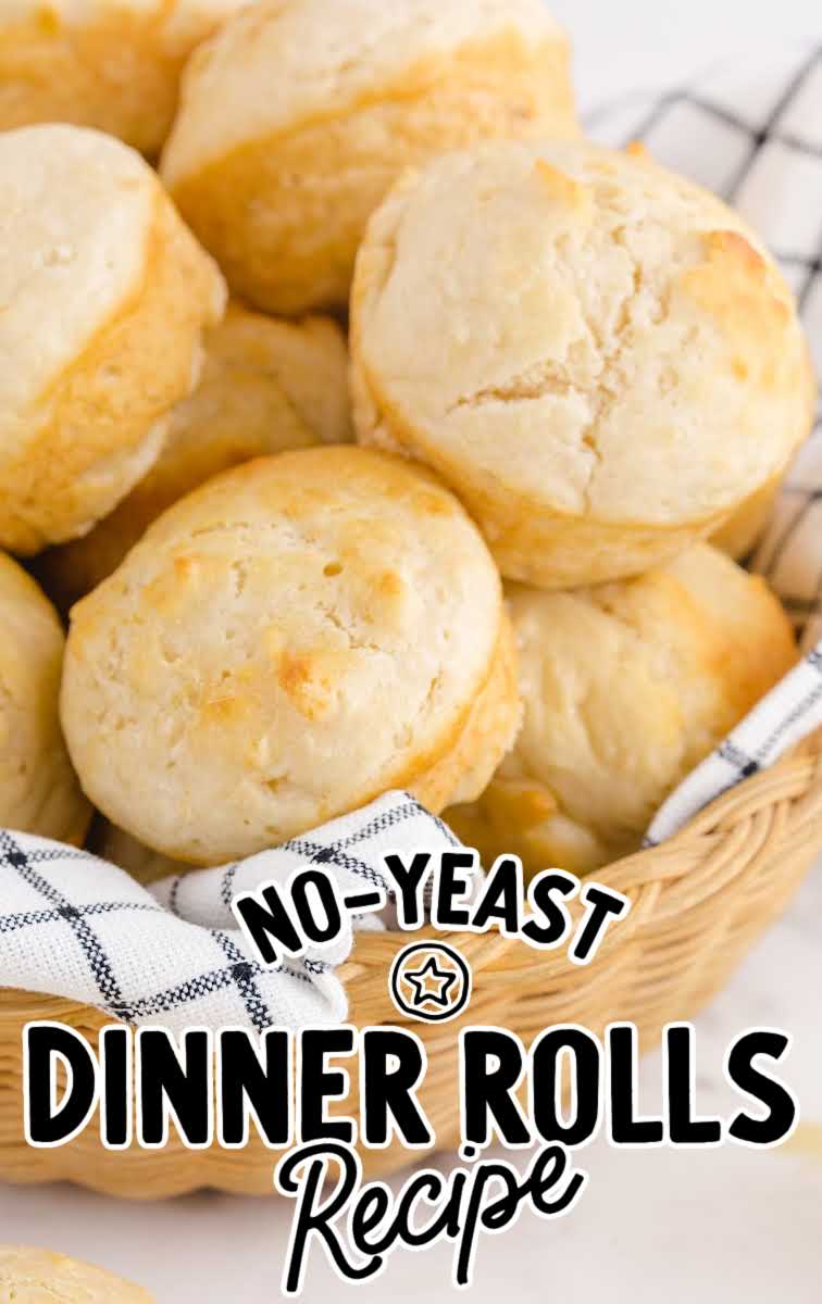 close up shot of a basket of No Yeast Dinner Rolls