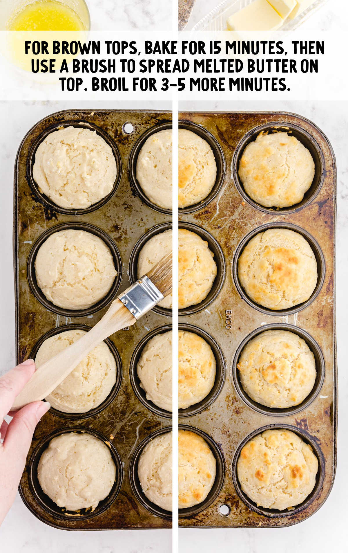 Side-by-side view of no yeast rolls before and after browning, with a hand brushing melted butter on top.