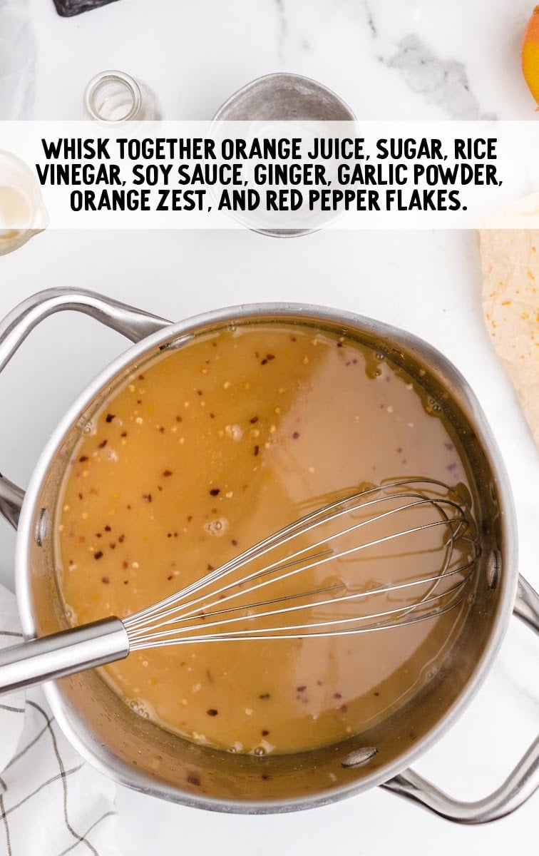 orange juice, sugar, rice vinegar,  soy sauce, ginger garlic powder, orange zest, and red pepper flakes whisked together in a pot