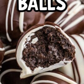 close up shot of white chocolate Oreo Balls drizzled with chocolate and chocolate Oreo Balls drizzled with white chocolate